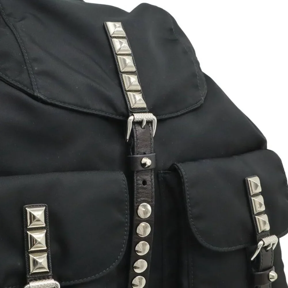 Prada Triangle Logo Backpack Studs Nylon Leather Nero Black - Picture 7 of 8